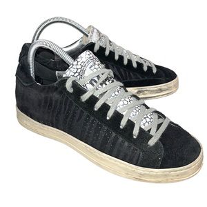 P448 John Zebra Black Suede Metallic Silver Lace Up Low Top Sneaker SZ 8 EU 38